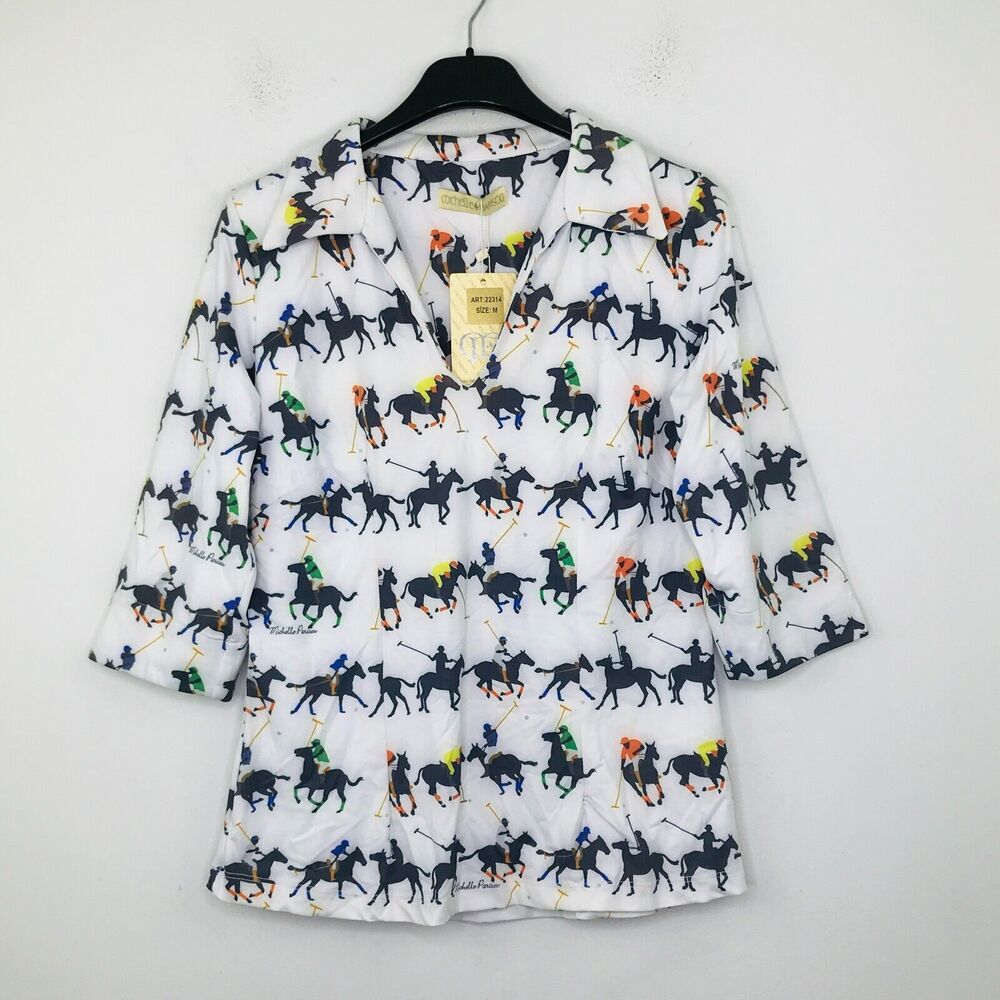 Michelle Parisou M Popover Shirt White Horse Polo Jockey Equestrian NWT CL17